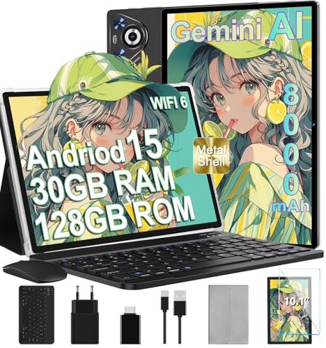 Tablet Android 15, 30GB RAM 128GB ROM(TF 2TB Espandibile), 10 Pollici, 8000mAh, WIFI 5G/ GPS/ BT5.0/ OTG, Face ID, Widevine L1, Tablets Corpo in Metallo con Tastiera, Mouse, Custodia Protettiva -Nero