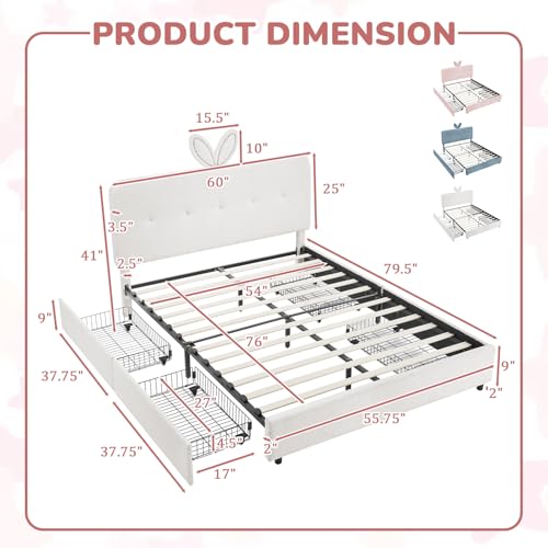 Image of Full Led Bed Frame with 4 Storage Drawer, Upholstered Platform Floor Bed with Rabbit Ear Headboard Daybed Strong Wooden Slats No Box Spring Needed for Kids Girls Boys, Beige