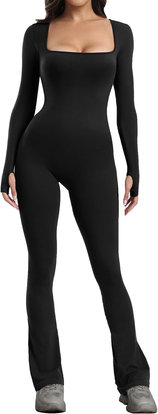 SeSe CodeOne Piece Wide Leg Jumpsuits for Women Long Sleeve Bodycon Square Neck Casual Unitard Full Length Bodysuit