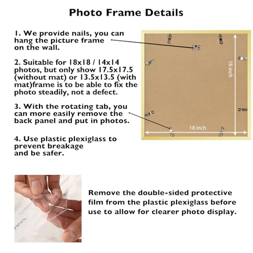 Image of JCJMY 18x18 Picture Frame Gold with 14x14 Mat, Display Photo 14x14 with Mat or 18 x 18 Without Mat, Wall Hanging Large 18x18 Poster Frame with Shatter Resistant Plexiglass, Gold