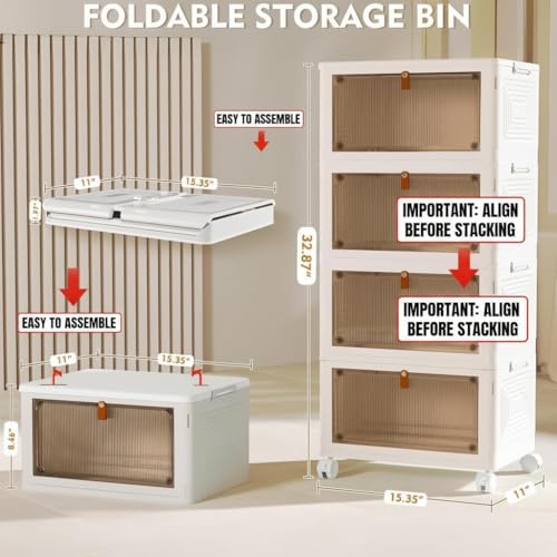 Image of YFXCVSL 4 Tier Plastic Storage Bins with Lid 23QT, Stackable Storage Containers with Wheels, Folding Storage Boxes, Collapsible Storage Bins, Closet Organizers and Storage for Living Room,Office,Dorm