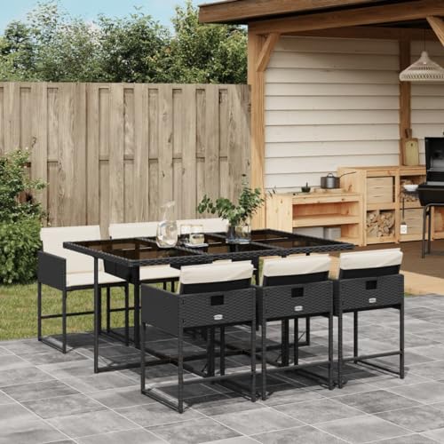 KCCKOM Garden Furniture Set 7 Piece Patio Dining Set with Cushions Black Poly Rattan