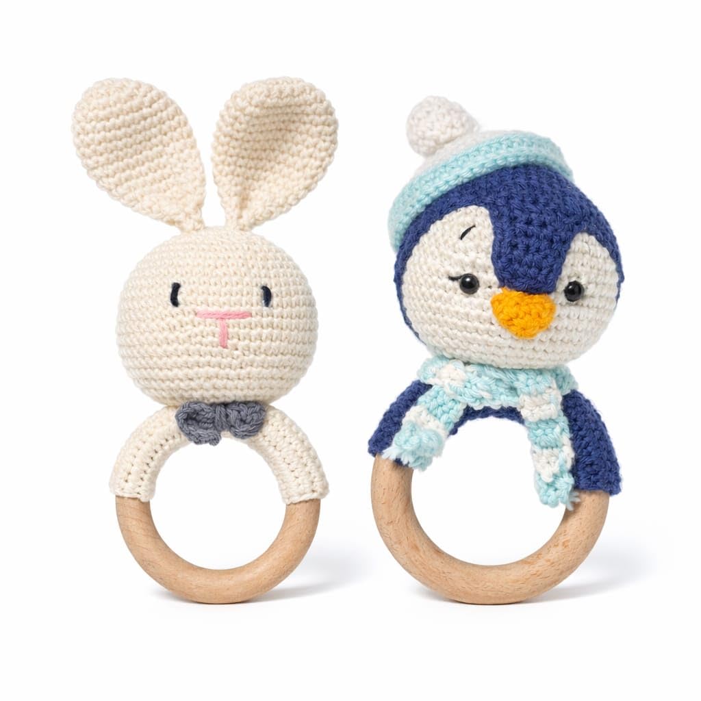 Handmade Crochet Bunny & Penguin Wooden Teether Combo | Baby Teething Ring Toy | Natural Wood Infant Chew Toy | Soft Knitted Newborn Rattle Teether | Organic Cotton Baby Gift Set (Pack of 2)-image-17