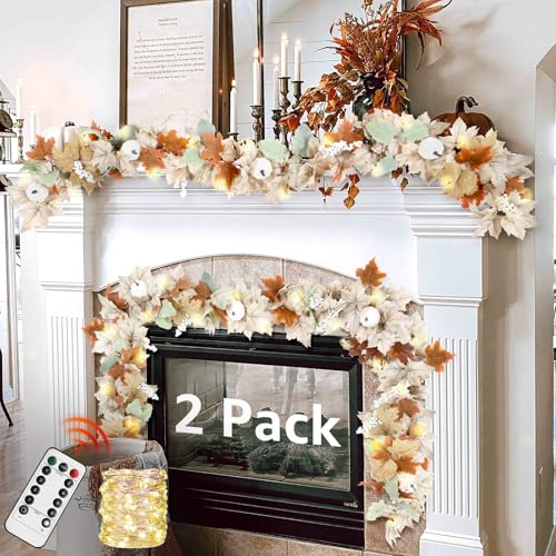Neutral Fall Garland for Mantle Fireplace - 2 Pack 6Ft Outdoor Autumn...