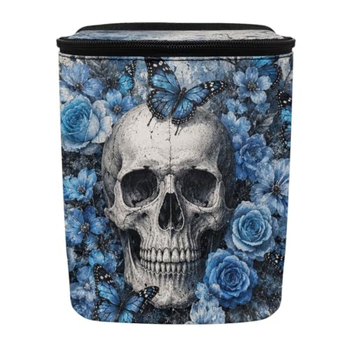 Image of Talayituse Blue Rose Skull Butterfly Print Car Trash Can Portable Auto Garbage Bin Multifunctional Vehicle Interior Accessories with Adjustable Straps Universal Fit Truck SUV Sedan