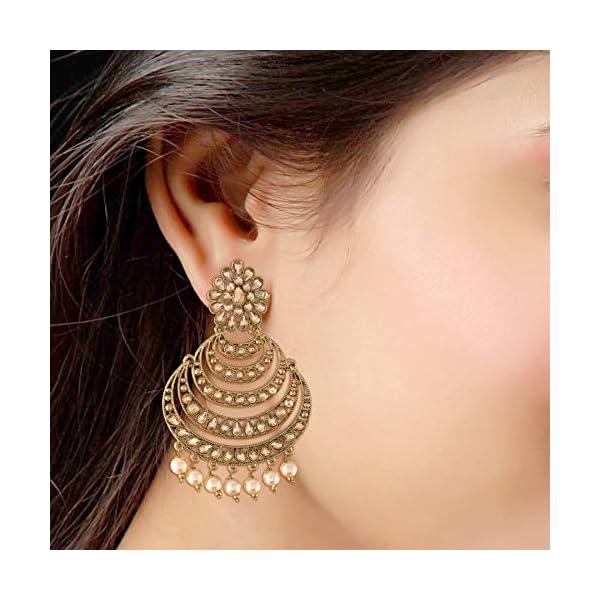 I Jewels 18K Gold Plated with Stunning Antique Finish Encased with Kundan & Faux Pearl Chandbali Earrings for Women/Girls - Image 5