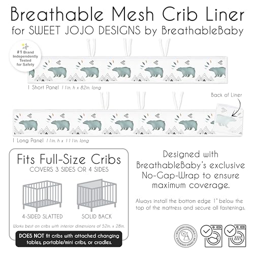 Image of Sweet Jojo Designs + BreathableBaby Bear Mountain Boy Breathable Mesh Crib Liner Baby and Infant - Slate Blue Black and White Woodland Forest Mountains Arrows