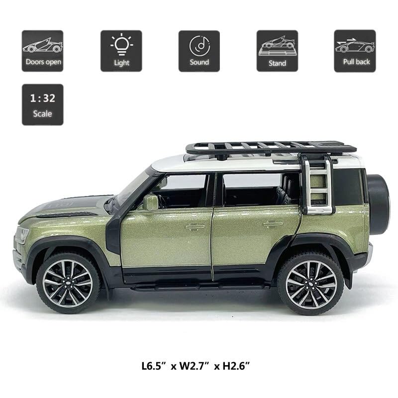 Image of 1:32 Compatible for Land Rover Defender 110 Diecast SUV | Metal Pull Back Toy Car with Sound, Light & Openable Doors | Alloy Model Car for Kids, Boys, Girls & Collectors (Green)