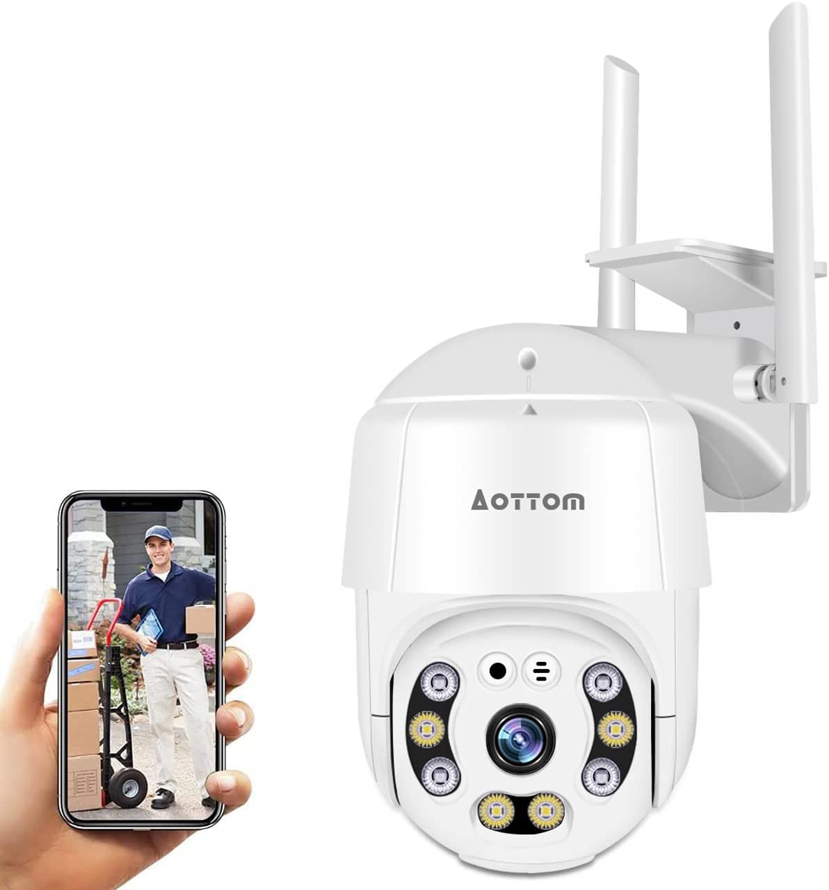 PTZ Dôme Caméra de Surveillance WiFi Extérieure Aottom 1080P Caméra de sécurité IP sans Fil, Audio bidirectionnel, Détecteur de Mouvement