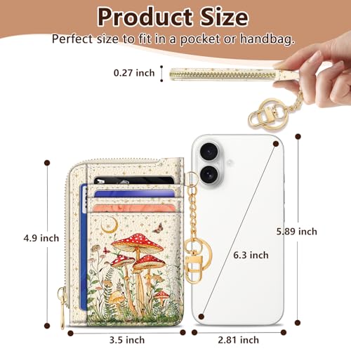Image of GIANCOMICS Slim Wallet Credit Card Holder Women, White Rfid Blocking Small Card Case, Keychain Thin Pocket Curved Zipper Wallet, Mushroom Travel Card Holder PU Leather ID Window, Ladies Female Gifts