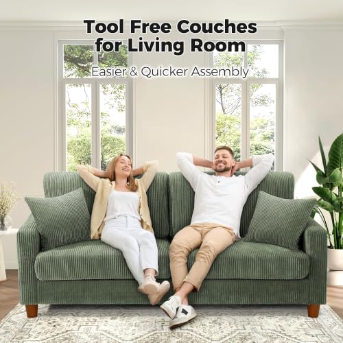 Image of Kidirect 70in L Shaped Couch, Modular Sofa No Tool Assembly, Comfy Sectional Couches for Living Room 21in Deeper Seats, Corduroy Sofas for Living Room with 2 Pillows, Loveseat Sofa Set, Green Couch