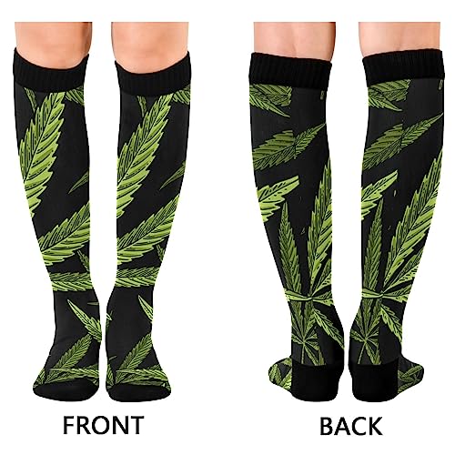OTVEE Compression Socks Women & Men, 2 Pairs Green Marijuana Leaf Seamless Long Socks for Gym Running Hiking Sport2