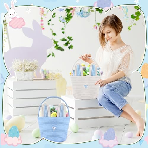 Image of Colingmill 2 Pieces Easter Bunny Basket with Handle Woven Empty Rabbit Basket for Easter Egg Hunt Cute Candy Gifts Storage Party Favors Supplies(White, Blue)