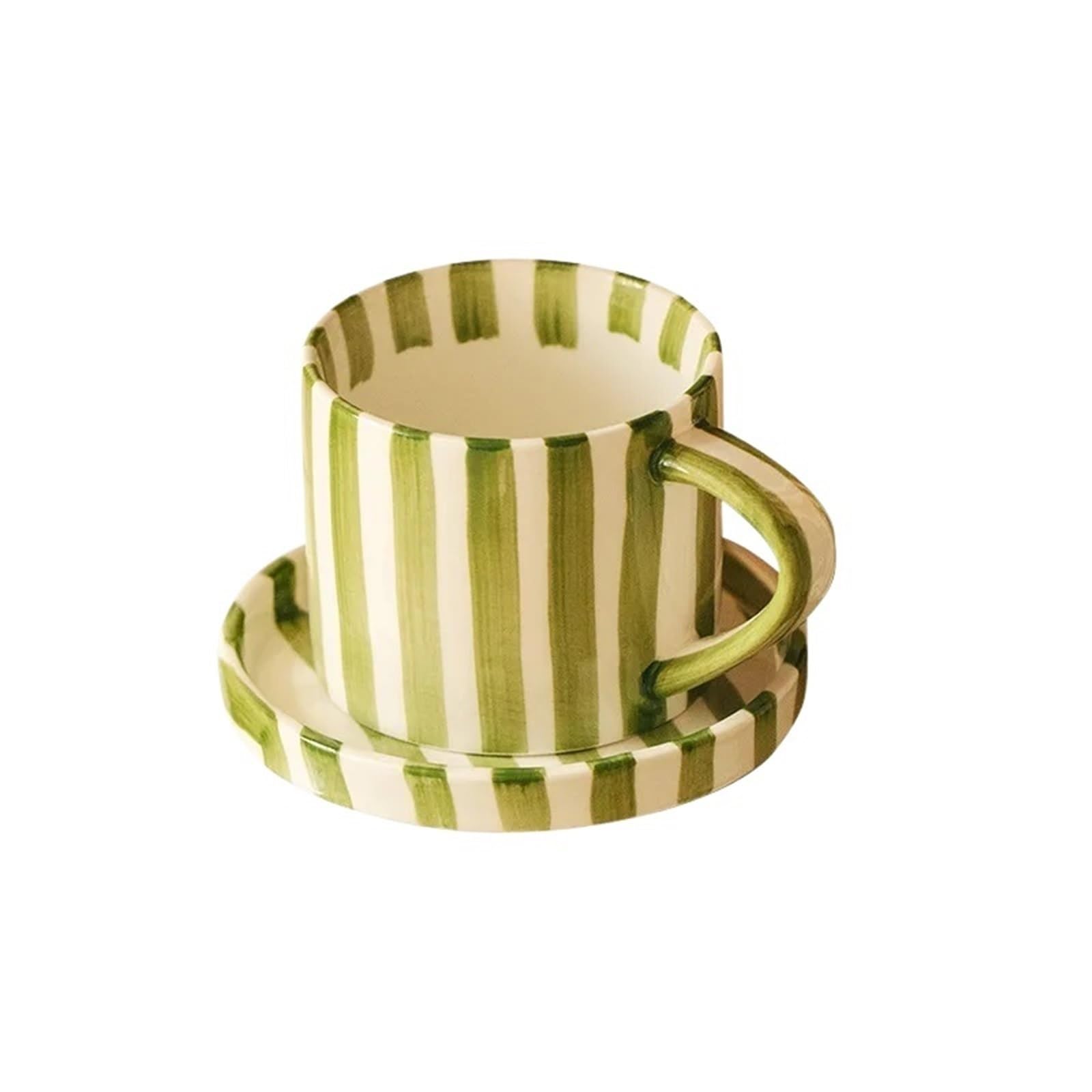WAJJWI Ceramic Coffee Cup 200ml Coffee Cup Vintage Striped Teacup And Saucer Creative Ceramic Coffee Cup Breakfast Afternoon Tea Cup Home Use Special Cup For Drinking Coffee(Green-B-set)