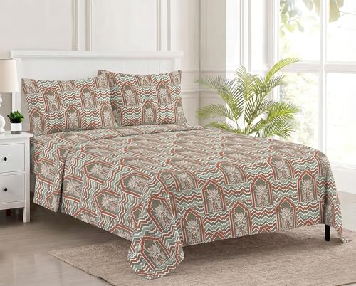 Image of Trance Home Linen 100% Cotton 144TC Elastic Fitted Bedsheet | Printed King Bed Size Elasticated Fitted Bedspread with 2 Pillow Covers (King 78x72 inch, Mihrab Green)