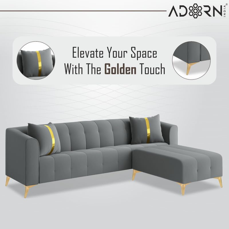 Image of Adorn India Premium Mystic - 3 Years Warranty - L Shape 5 Seater Sofa Set Velvet Suede Fabric - Grey