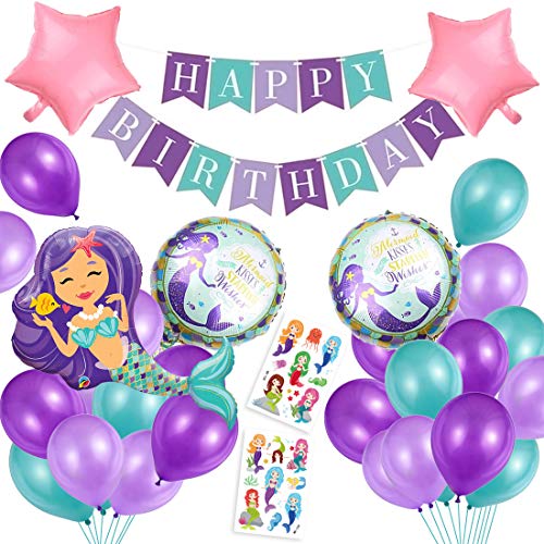 Bluelves Sirena Decorazioni Compleanno Bambina, Festa di Compleanno Palloncino con Striscione Buon Compleanno, Palloncino a Sirena per Ragazza, temi del Mare, Festa di Compleanno