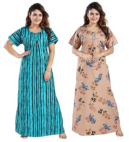 Image of YKI Women's /Girls Cotton Fabric Beautiful Print Nighty /Nightgown /Nightwear /Nightdress with Pocket (Pack of 2)