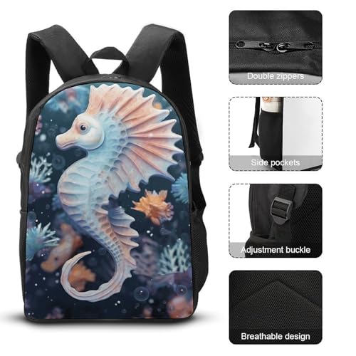 3 Piece Backpack for Women Men Lightweight Causal Daypack Shoulder Bag Set with Insulated Lunch Bag And Pencil Case Organizers Seahorse And Starfish2