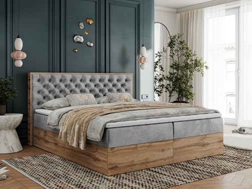 MKS MEBLE Boxspringbett 180x200 cm Albero 3 mit Bettkasten & Kopfteil, Bett mit Gesteppte Kopfstütze und Holzrahmen – Multipocket Matratze H3 – Hellgrau Velvet – Topper T25
