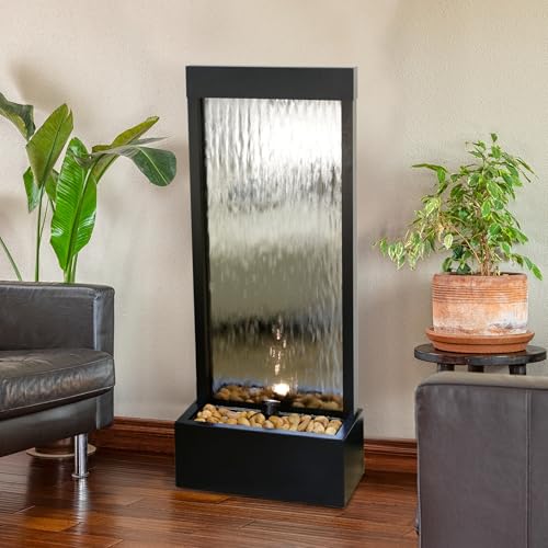 Image of Alpine Corporation - Mirror Waterfall Fountain with Stones & Lights - Zen Indoor /Outdoor Decor for Office, Living Room, Patio, Entryway - 48 Inches (Silver)