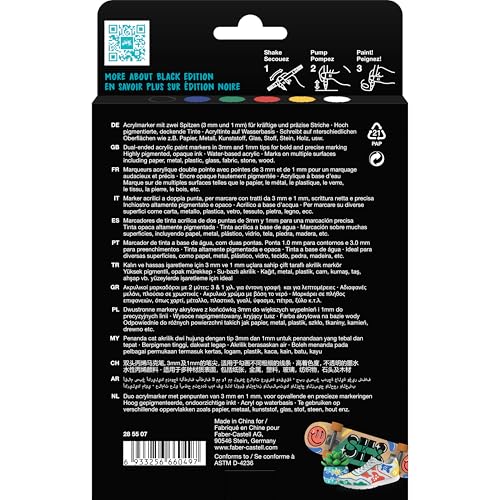 Image of Faber-Castell Black Edition Shake & Paint Acrylic Marker - Classic Colours, Box of 6 | Dual-Tip, Water-Based, Permanent Paint Markers for Multi-Surface Use | Acrylic pens with double tip (1 mm and 3 mm) for paper, wood, glass, stone and more