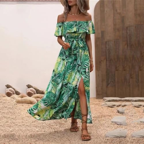 Generic Maxi Dresses for Women 2024 Maxi Dresses for Women 2024 Summer Boho Dress Sexy Off The Shoulder Dresses Flowy Long Sundresses Vacation Beach Party Dress A-Green, Large - Image 3