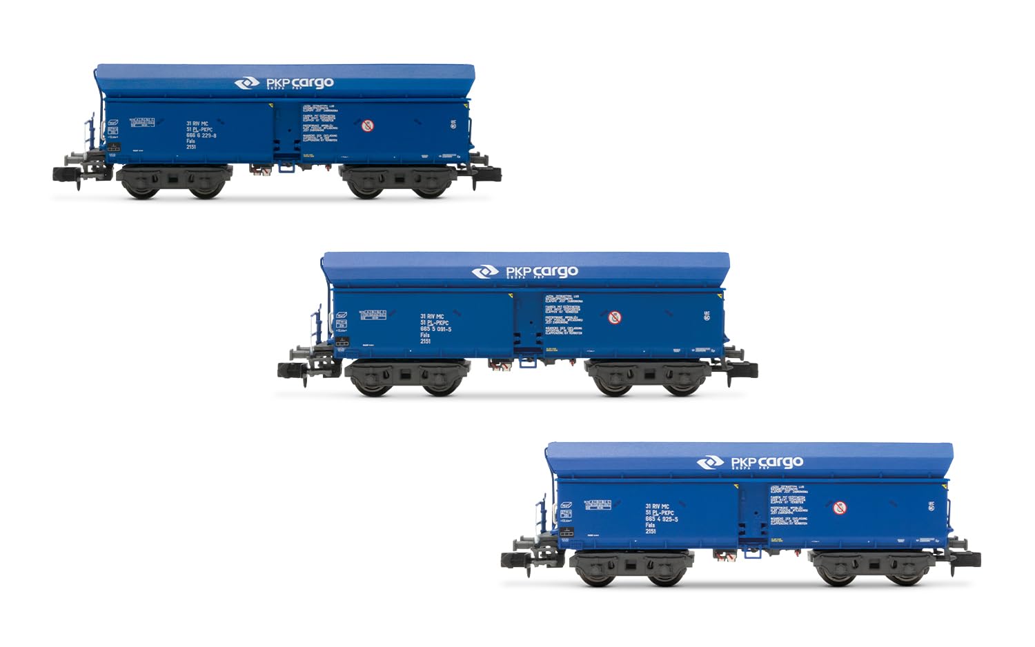 Arnold HN6565 PKP Cargo, 3er-Pack Selbstentladewagen Falls, Blaue Lackierung, epVI Güterwagen, Blau