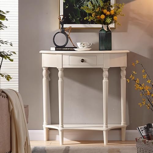 White Half Moon Console Table with Drawer, Solid Wood Victorian Semi-Circle Sideboard for Entryway, Living Room, Foyer, Porch - 23.6" W x 11.8" D x 31.5" H