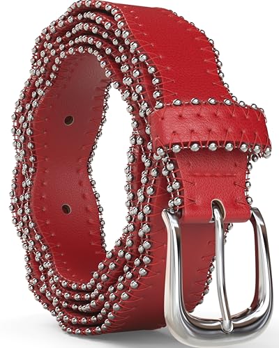 Red Vegan Leather Belt for Women - Wavy Edge Silver Buckle - Adjustable Waist Belt for Jeans, Dresses & Fashion