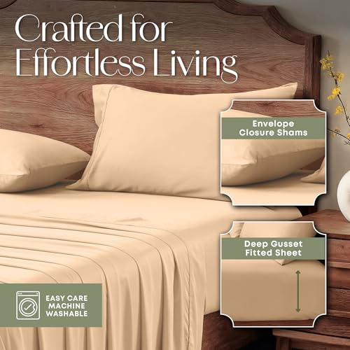 Image of Slumberfy 4-Piece 400 TC Viscose Derived from Bamboo Sheets, Full Size - 1 Fitted, 1 Flat, 2 Pillow Cases - Deep Pocket Cooling Viscose-Bamboo Bed Sheets in Magnetic Closure Gift Box, Sand