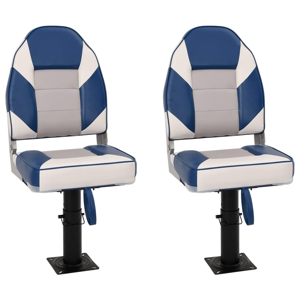 Juego de 2 asientos para barco con pedestal, altura regulable y giratorio 360°, asiento de control plegable para barco de pesca, blanco y azul, marco de aluminio robusto