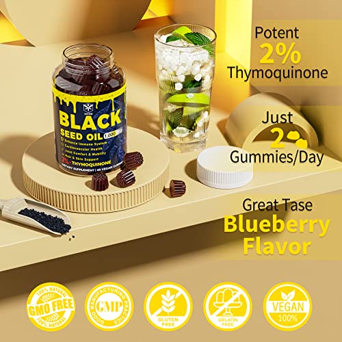 Black Seed Oil Gummies Vegan 1000Mg - 2%+ Thymoquinone, Cold Pressed, Organic Nigella Sativa Black Cumin Seed Oil W/Biotin, Vitamin C, Zinc, Omega 3-6-9 For Immune, Hair, Skin & Joint Comfort, 120Cts #TOP5