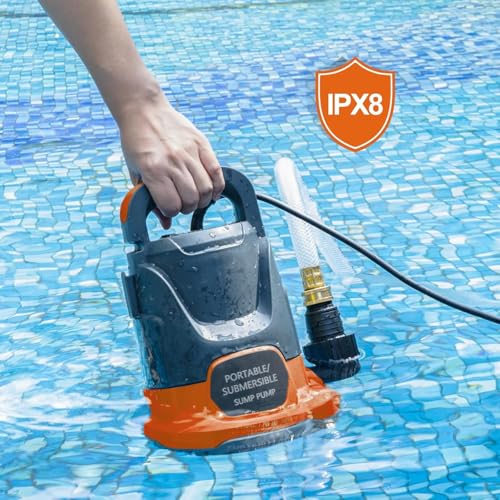 Image of Sump Pump 1HP Submersible Water Pump 3700GPH Electric Portable Transfer Water Pump for Pool Draining Basement, Light Orange