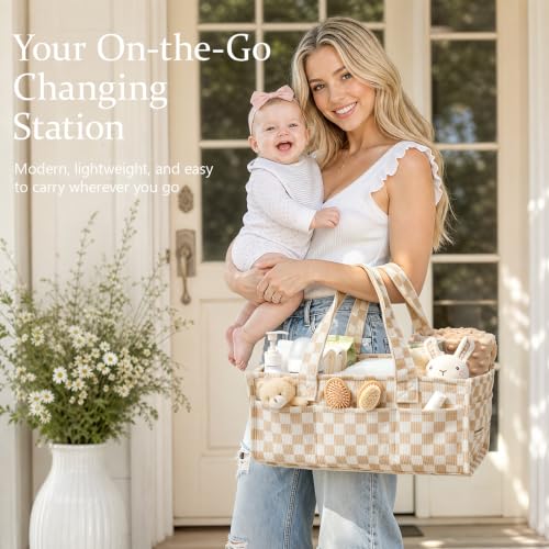 Image of Corduroy Baby Diaper Caddy Organizer with Handles, Nursery Storage Basket