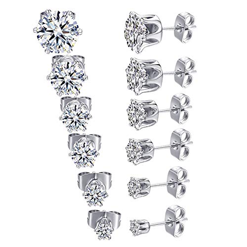 6 Pairs Hypoallergenic Round Clear Cubic Zirconia Stud inlaid Earrings Stainless Steel Stud Earrings Set Piercing Barbell Studs for Men Women, 3-8 MM Silver
