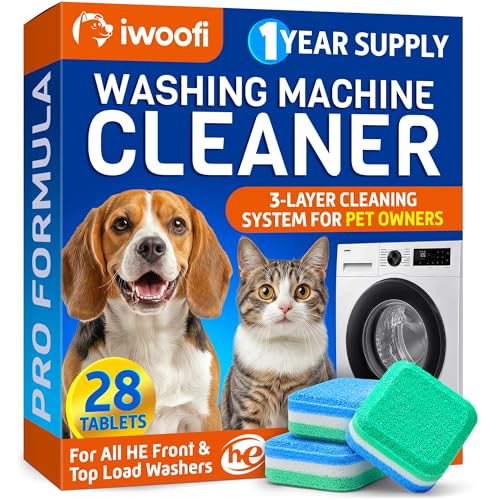 Washing Machine Cleaner Tablets For Pet Owners Pro – Front & Top Load He Washers – 28 Tablets 1-Year Supply – Breaks Down Pet Hair Eliminates Odors & Buildup – Septic Safe Extra-Strength Deep Clean