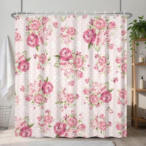 Pink Floral Shower Curtain for Bathroom, Blooming Rose Flower Green Leaves with Polka Dot Fabric Shower Curtain with 12 Hooks, Machine Washable Waterproof for Bathroom Decor, Weighted Hem, 72x72 Inch