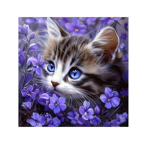 Image of QENSPE Diamond Art Kits for Adults, DIY Kitten Diamond Painting Kits, 5D Adults Full Drill Purple Flowers Diamond Dots for Beginners, Gem Art Crafts Home Wall Decor Gifts 12x12 inch