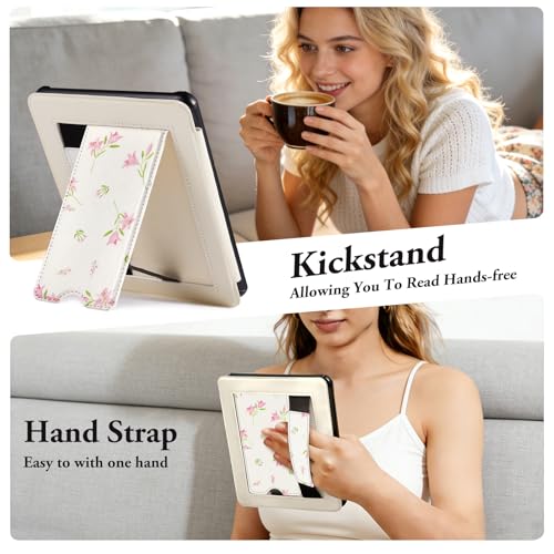 Image of CoBak Lightweight Stand Cute Case for 7 inch Kindle Paperwhite 12th Gen 2024 and Kindle Colorsoft with Right Hand Strap - Compatible with iPhone MagSafe, for Samsung /Anker Wireless Charging Pads
