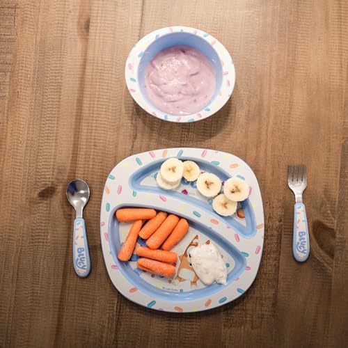 Image of The First Years Bluey 4-Piece Place Setting - BPA Free Dishwasher Safe Toddler Dinnerware Set with Divided Plate, Bowl, Fork, Spoon - Multicolor, 4 Piece Set (Pack of 12)