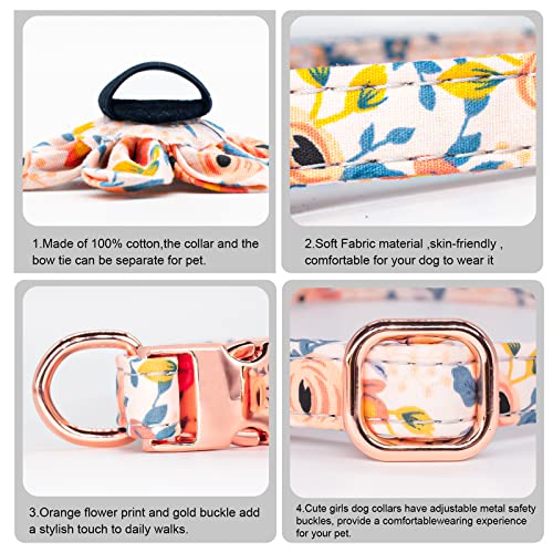 Hilkycton Dog Collar And Leash Set With Flower Bow Tie Girls Dog Collar Dog Tag Metal Buckle Adjustable For Small Medium Large Dogs, Orange Floarl-S #TOP3