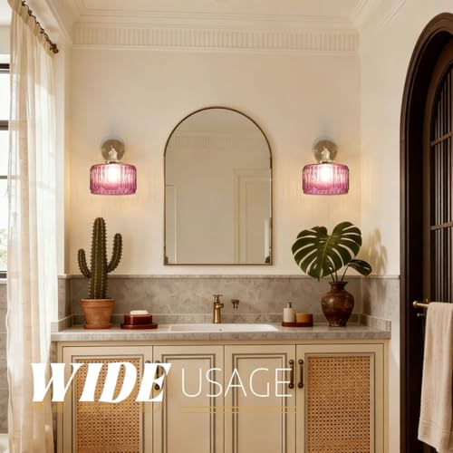 Image of Nordic Pink Glass Sconce Vintage Wall Light 90 Adjustable Gold Rod | Bathroom Light Fixture Vanity Light Pink Striped Glass,Mid Century Antique Style E26 Base,Mirror,Bedroom,Living Room,Hallway