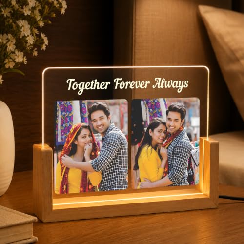 Image of Giftplease Personalized LED Acrylic Photo Frame for Couple with Custom Picture and Message, Romantic Bedroom Table Decor, Anniversary Keepsake, USB Night Lamp, Wooden Base Home Display Art