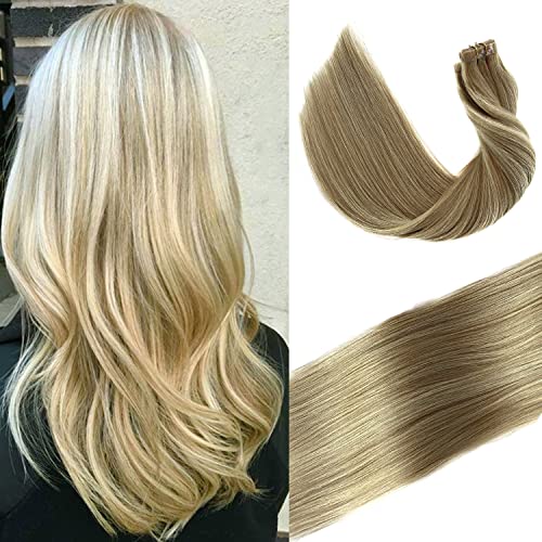 Tape in Hair Extensions Human Hair,20 Pieces Double Sided Tape Hair Seamless Skin Weft Real Hair Extensions Beiges Blonde to Blonde Highlights Remy Hair Tape in Extensions 22Inch 60G for White Women