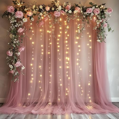 Fomcet Dusty Rose Tulle Backdrop Curtains with Lights String 10FT X 8FT Sheer Curtain with Lights Tulle Curtains Backdrop for Wedding Birthday Party Photo Shoot (2 Panels 5x8FT) by Fomcet - Image 7