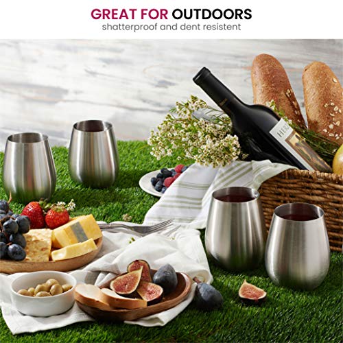 Stainless Steel Unbreakable Wine Glasses - 18 Ounce Set Of 4 Wineglasses. Premium-Grade 18/8 Stainless Steel Red & White Stemless Wineglasses Set, Portable Wine Tumbler, For Outdoor Events, Picnics #TOP3