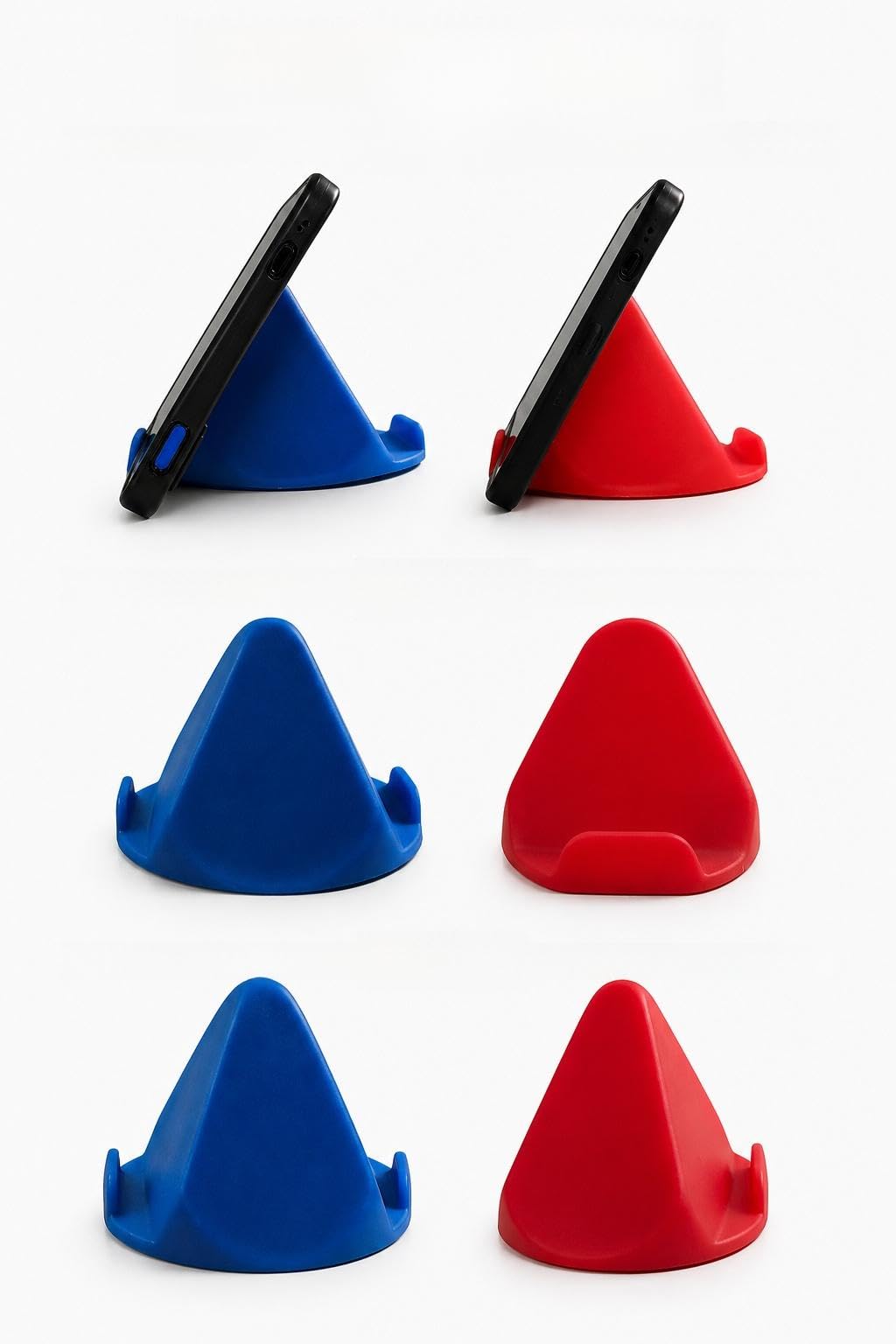 pyramid shape mobile stand, blue and red, portable desktop phone holder 2 in 1 pack of 3 nos