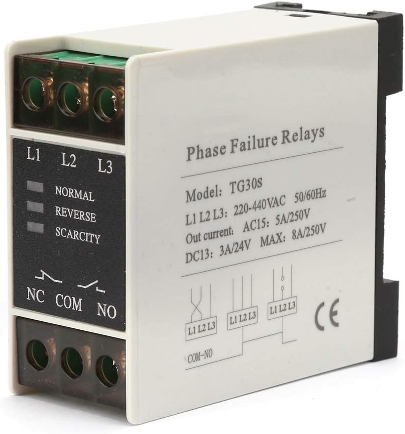 TG30S 220-440V AC 3 - Phase Sequence Relay Protector - Phase Loss & Voltage Imbalance Protection, Delay Relay for Motor & Industrial Equipment Safety
