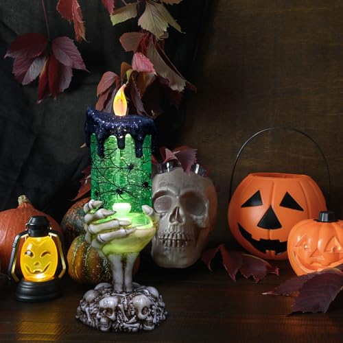 Image of Eldnacele Halloween Snow Globe Candles Lighted Lamp USB Powered Battery Operated Spooky Spinning Water Glittering Tornado Flameless Candles Skeleton Hand Holder Halloween Centerpiece Decor(Spider)